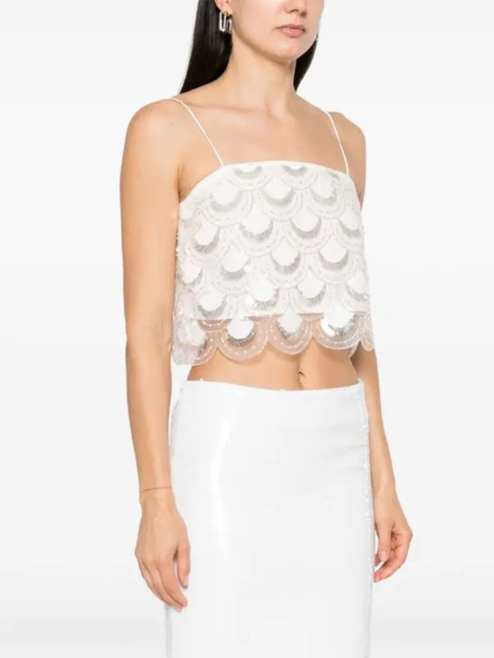 Birger Christensen Rotate NEW white sequin embellished Scallop hem crop top 38